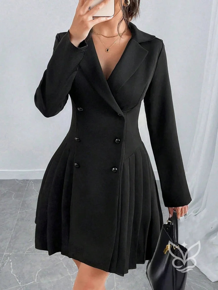 Vestido Blazer Com Botões Duplos E Saia Plissada Elegante Preto / PP Vestido Blazer Com Botões Duplos E Saia Plissada