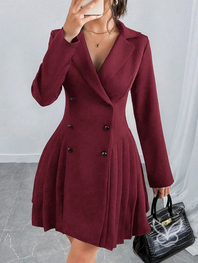 Vestido Blazer Com Botões Duplos E Saia Plissada Elegante Vinho / PP Vestido Blazer Com Botões Duplos E Saia Plissada
