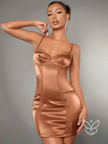 Vestido Bodycon Com Bustier Detalhes Em Renda E Alças Finas Castanho / PP Vestido Bodycon Com Bustier Detalhes Em Renda