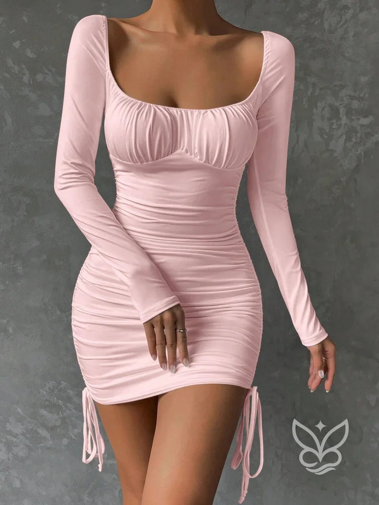 Vestido Bodycon Franzido No Busto Amarração Lateral E Cordão Rosa Bebê / PP Vestido Bodycon Franzido No Busto Amarração