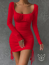 Vestido Bodycon Franzido No Busto Amarração Lateral E Cordão Vermelho / PP Vestido Bodycon Franzido No Busto Amarração