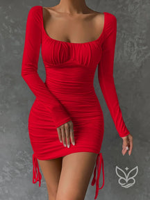 Vestido Bodycon Franzido No Busto Amarração Lateral E Cordão Vermelho / PP Vestido Bodycon Franzido No Busto Amarração