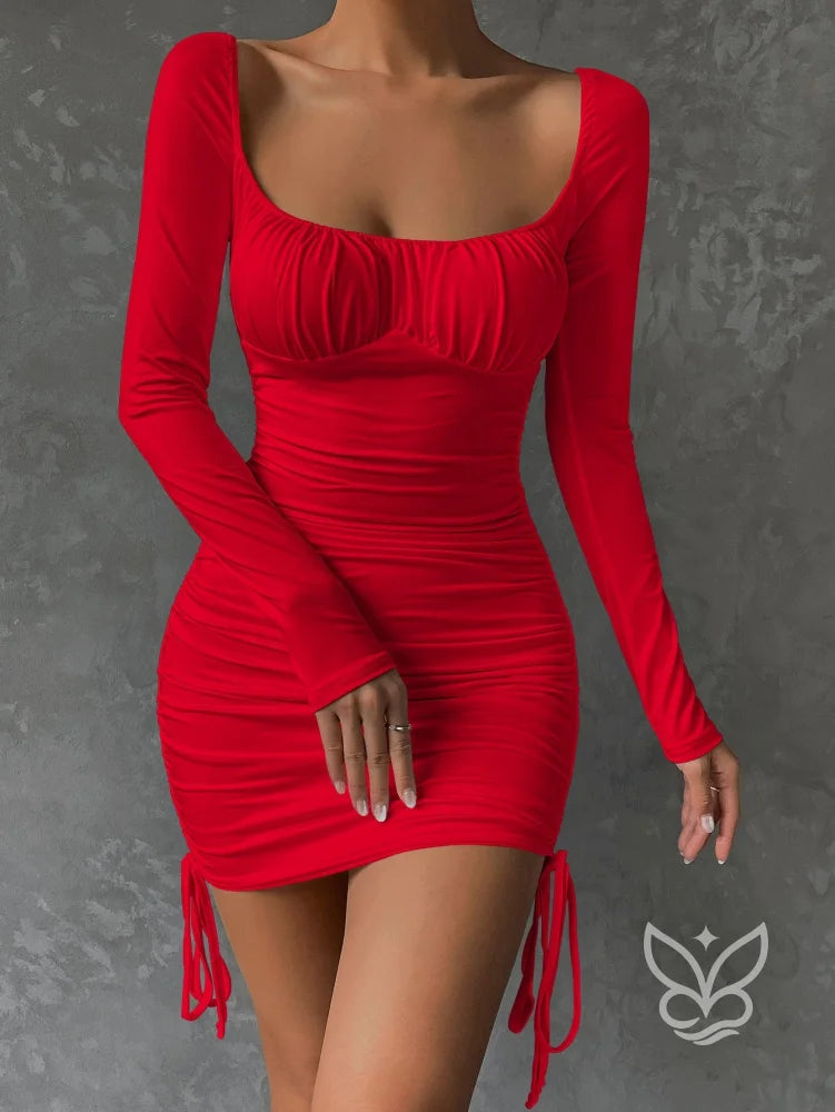Vestido Bodycon Franzido No Busto Amarração Lateral E Cordão Vermelho / PP Vestido Bodycon Franzido No Busto Amarração
