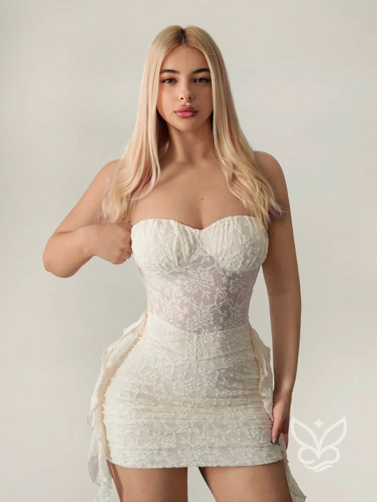 Vestido Bodycon Mini Transparente com Renda e Franzido no Busto Damasco / PP Vestido Bodycon Mini Transparente com