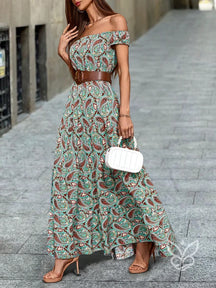 Vestido Casual Ombro A Ombro Manga Curta E Estampa Paisley Verde / PP Vestido Casual Ombro A Ombro Manga Curta E