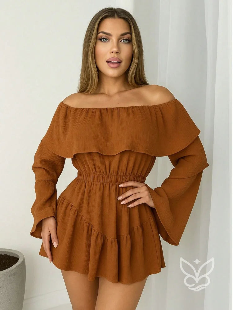 Vestido Ciganinha com Manga Longa e Babado Duplo Caramelo / P Vestido Ciganinha com Manga Longa e Babado Duplo