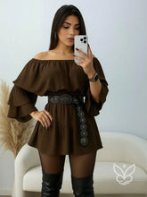 Vestido Ciganinha com Manga Longa e Babado Duplo Marrom / P Vestido Ciganinha com Manga Longa e Babado Duplo