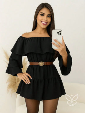 Vestido Ciganinha com Manga Longa e Babado Duplo Preto / P Vestido Ciganinha com Manga Longa e Babado Duplo