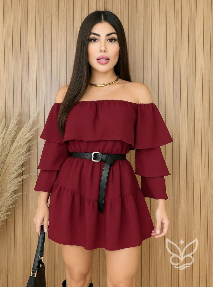 Vestido Ciganinha com Manga Longa e Babado Duplo Vinho / P Vestido Ciganinha com Manga Longa e Babado Duplo