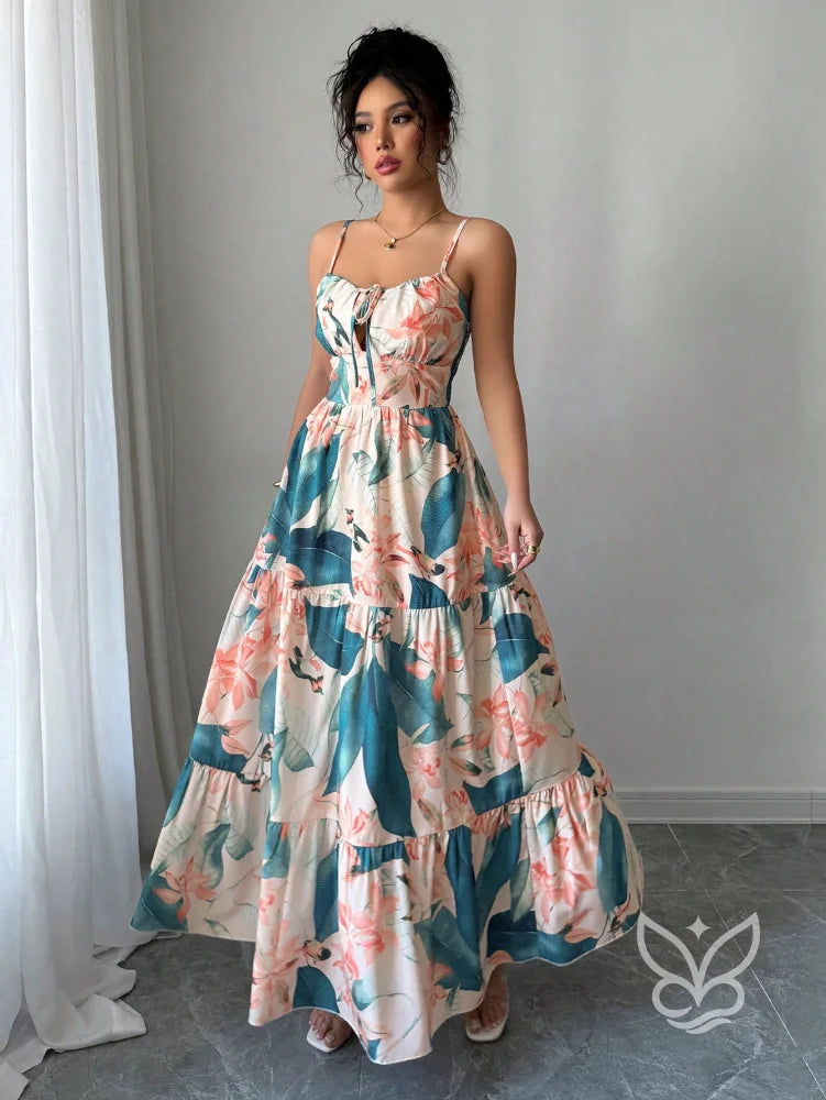 Vestido Com Alças Finas Cintura Marcada E Estampa Folhagem Estampa 1 / PP Vestido Com Alças Finas Cintura Marcada E