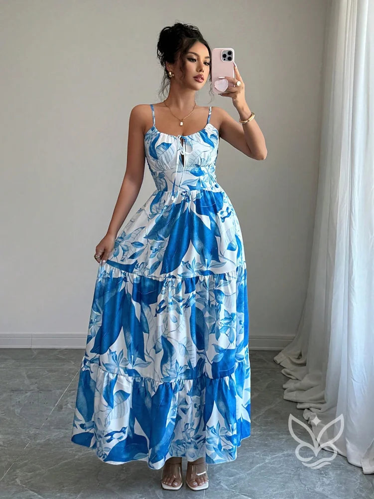 Vestido Com Alças Finas Cintura Marcada E Estampa Folhagem Estampa 2 / PP Vestido Com Alças Finas Cintura Marcada E