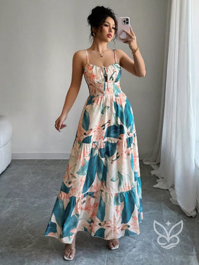 Vestido Com Alças Finas Cintura Marcada E Estampa Folhagem Vestido Com Alças Finas Cintura Marcada E Estampa Folhagem