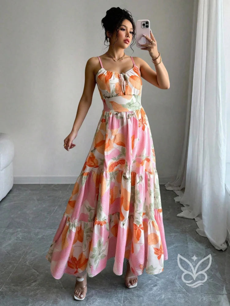 Vestido Com Alças Finas Cintura Marcada E Estampa Folhagem Estampa 3 / PP Vestido Com Alças Finas Cintura Marcada E
