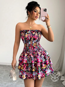 Vestido Com Babados Em Camadas E Saia Com Design De Bolo Preto / PP Vestido Com Babados Em Camadas E Saia Com Design De