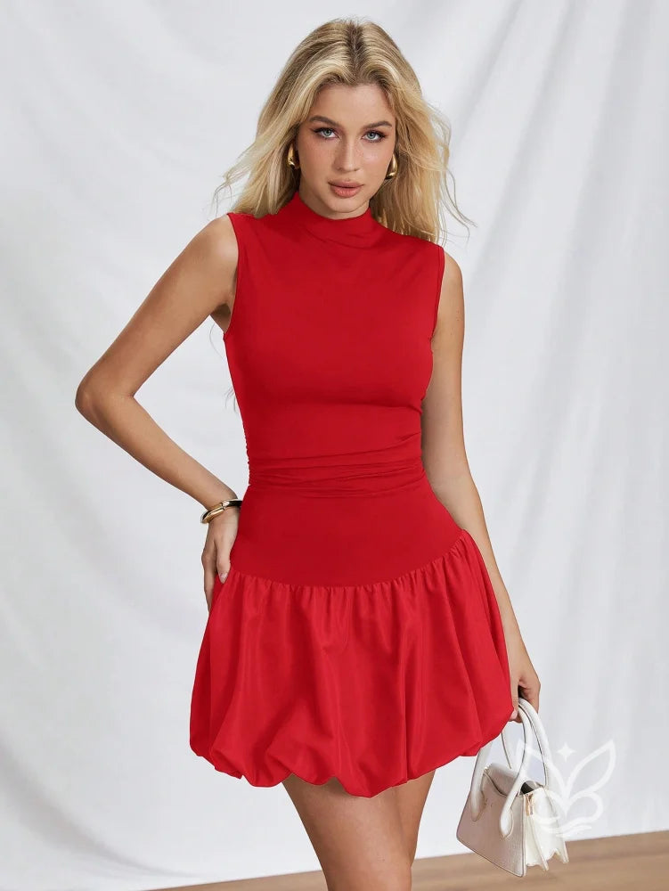 Vestido Com Gola Alta Manga Lanterna E Barra Bufante Vestido Com Gola Alta Manga Lanterna E Barra Bufante
