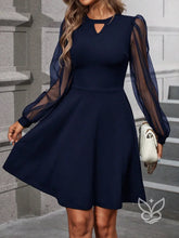 Vestido Com Manga Longa De Tule E Recorte No Decote Azul Marinho / PP Vestido Com Manga Longa De Tule E Recorte No