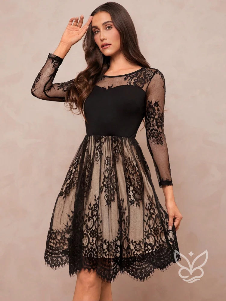 Vestido Com Tule Bordado Manga Longa E Alta Elasticidade Preto / PP Vestido Com Tule Bordado Manga Longa E Alta