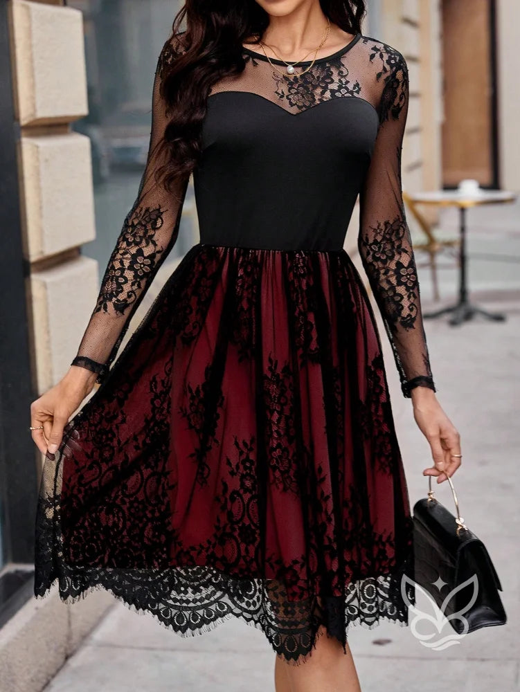 Vestido Com Tule Bordado Manga Longa E Alta Elasticidade Vermelho / PP Vestido Com Tule Bordado Manga Longa E Alta