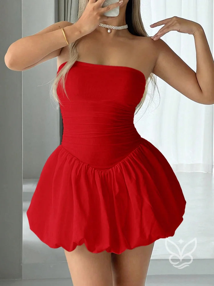 Vestido Curto Bandeau Com Manga Bufante E Caimento Ajustado Vermelho / PP Vestido Curto Bandeau Com Manga Bufante E
