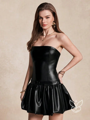 Vestido Curto Bandeau Em Couro Com Caimento Ajustado Vestido Curto Bandeau Em Couro Com Caimento Ajustado