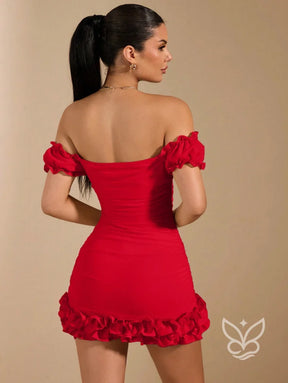 Vestido Curto Barra Bufante Detalhe Floral E Caimento Ajustado Vestido Curto Barra Bufante Detalhe Floral E Caimento