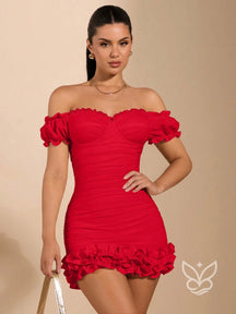 Vestido Curto Barra Bufante Detalhe Floral E Caimento Ajustado Vermelho / PP Vestido Curto Barra Bufante Detalhe Floral