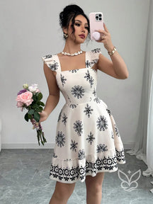 Vestido Curto Com Amarração Nas Costas E Mangas Fluídas Azul / PP Vestido Curto Com Amarração Nas Costas E Mangas