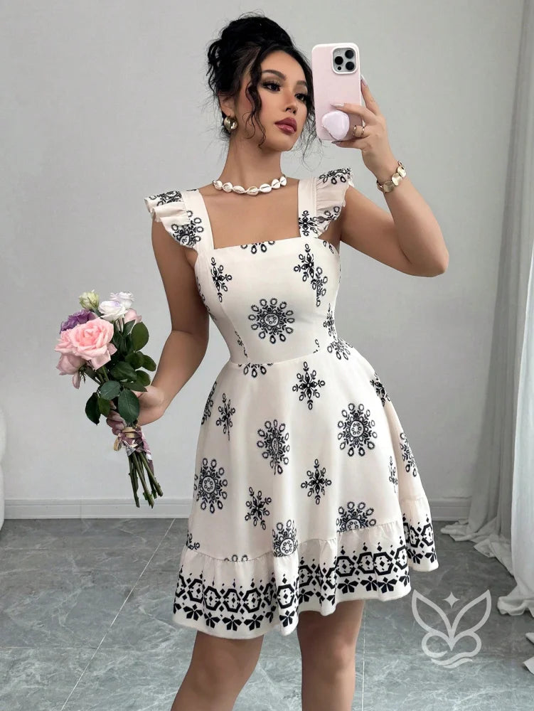 Vestido Curto Com Amarração Nas Costas E Mangas Fluídas Azul / PP Vestido Curto Com Amarração Nas Costas E Mangas
