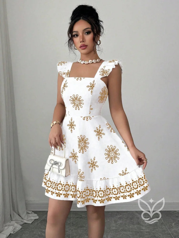 Vestido Curto Com Amarração Nas Costas E Mangas Fluídas Caqui / PP Vestido Curto Com Amarração Nas Costas E Mangas