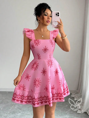 Vestido Curto Com Amarração Nas Costas E Mangas Fluídas Rosa Chiclete / PP Vestido Curto Com Amarração Nas Costas E