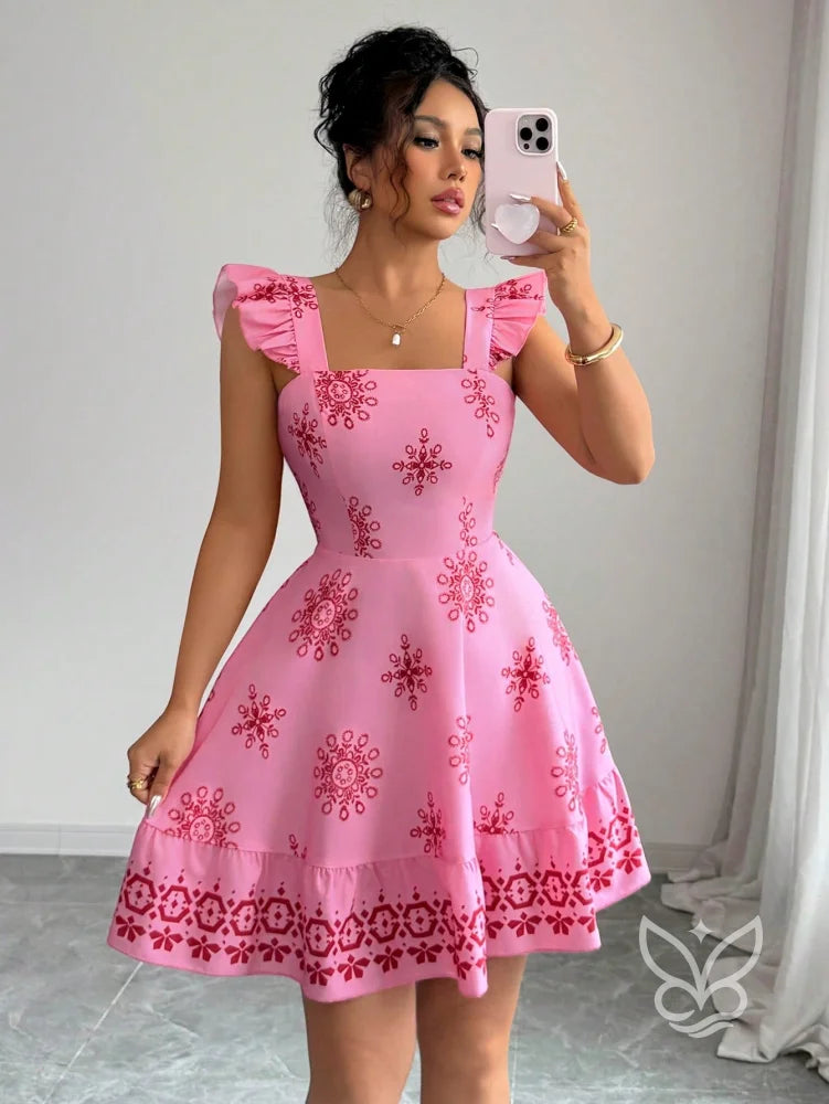 Vestido Curto Com Amarração Nas Costas E Mangas Fluídas Rosa Chiclete / PP Vestido Curto Com Amarração Nas Costas E