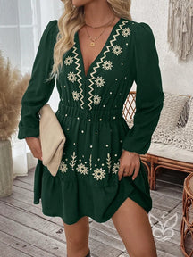 Vestido Curto Com Bordado Étnico E Manga Longa Verde Escuro / PP Vestido Curto Com Bordado Étnico E Manga Longa