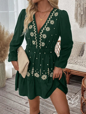 Vestido Curto Com Bordado Étnico E Manga Longa Verde Escuro / PP Vestido Curto Com Bordado Étnico E Manga Longa