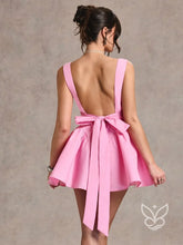 Vestido Curto Com Costas Abertas Laço Decorativo E Manga Bufante Rosa Pink / PP Vestido Curto Com Costas Abertas Laço