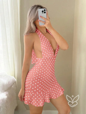 Vestido Curto Com Decote Profundo E Estampa Poá Retro Vestido Curto Com Decote Profundo E Estampa Poá Retro