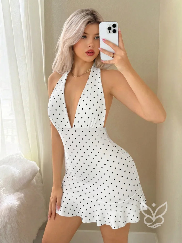 Vestido Curto Com Decote Profundo E Estampa Poá Retro Branco / PP Vestido Curto Com Decote Profundo E Estampa Poá Retro