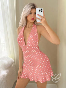 Vestido Curto Com Decote Profundo E Estampa Poá Retro Rosa Empoeirado / PP Vestido Curto Com Decote Profundo E Estampa