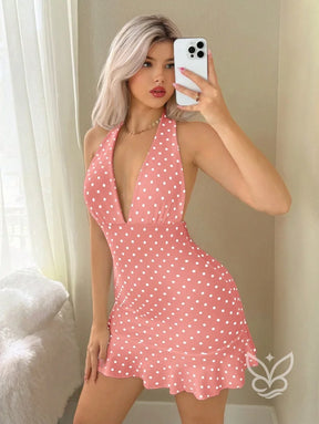 Vestido Curto Com Decote Profundo E Estampa Poá Retro Rosa Empoeirado / PP Vestido Curto Com Decote Profundo E Estampa