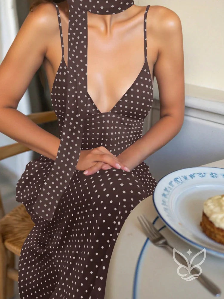 Vestido Curto Com Estampa Poá E Costas Abertas Castanho / PP Vestido Curto Com Estampa Poá E Costas Abertas