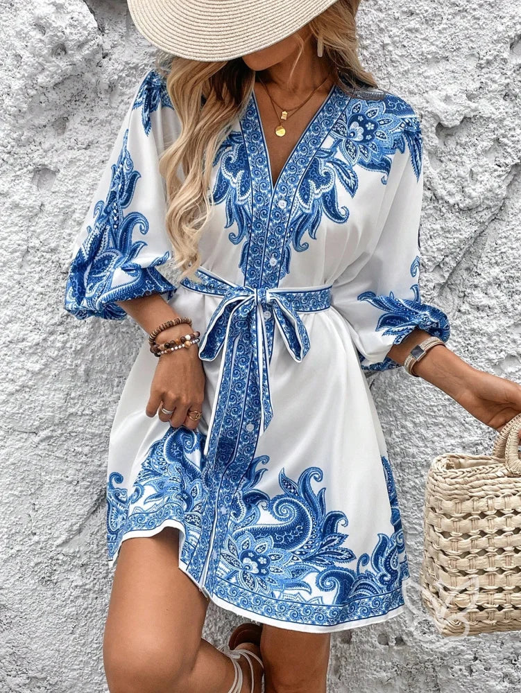 Vestido Curto Estampado Com Manga 3/4 E Decote V Azul / PP Vestido Curto Estampado Com Manga 3/4 E Decote V