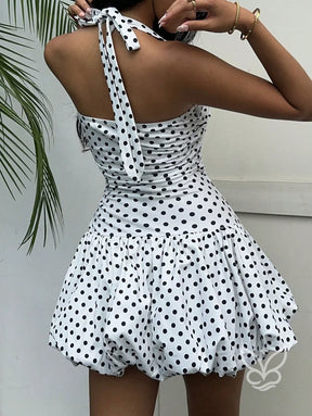 Vestido Curto Halter Com Barra Peplum E Estampa Poá Floral Vestido Curto Halter Com Barra Peplum E Estampa Poá Floral
