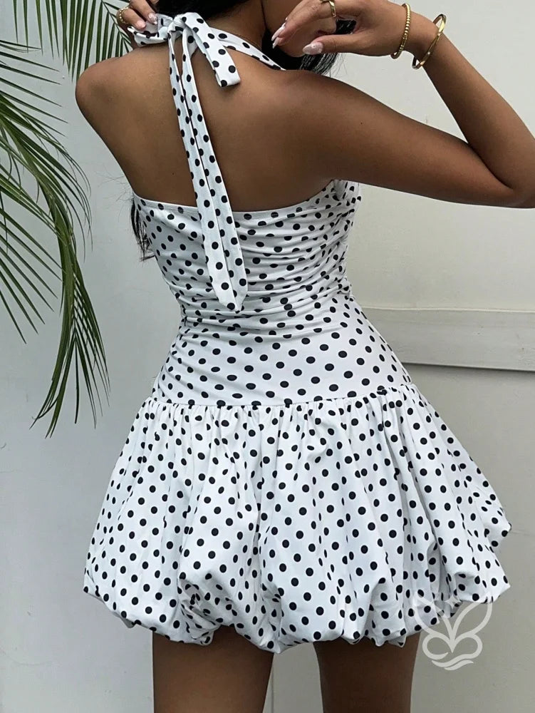 Vestido Curto Halter Com Barra Peplum E Estampa Poá Floral Vestido Curto Halter Com Barra Peplum E Estampa Poá Floral