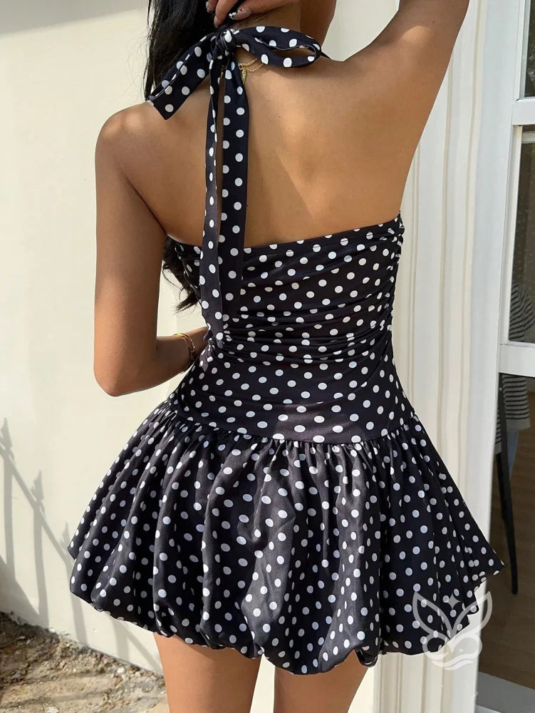 Vestido Curto Halter Com Barra Peplum E Estampa Poá Floral Vestido Curto Halter Com Barra Peplum E Estampa Poá Floral
