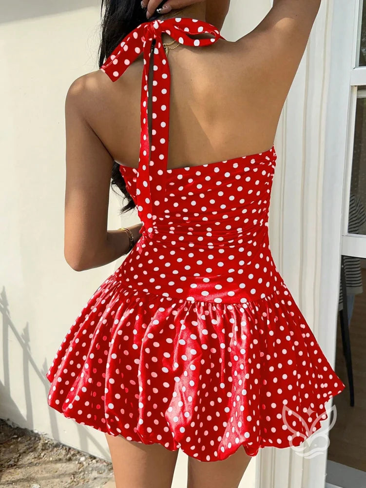 Vestido Curto Halter Com Barra Peplum E Estampa Poá Floral Vestido Curto Halter Com Barra Peplum E Estampa Poá Floral