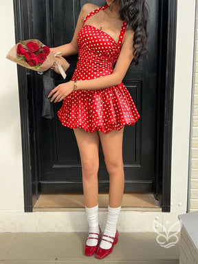 Vestido Curto Halter Com Barra Peplum E Estampa Poá Floral Vestido Curto Halter Com Barra Peplum E Estampa Poá Floral