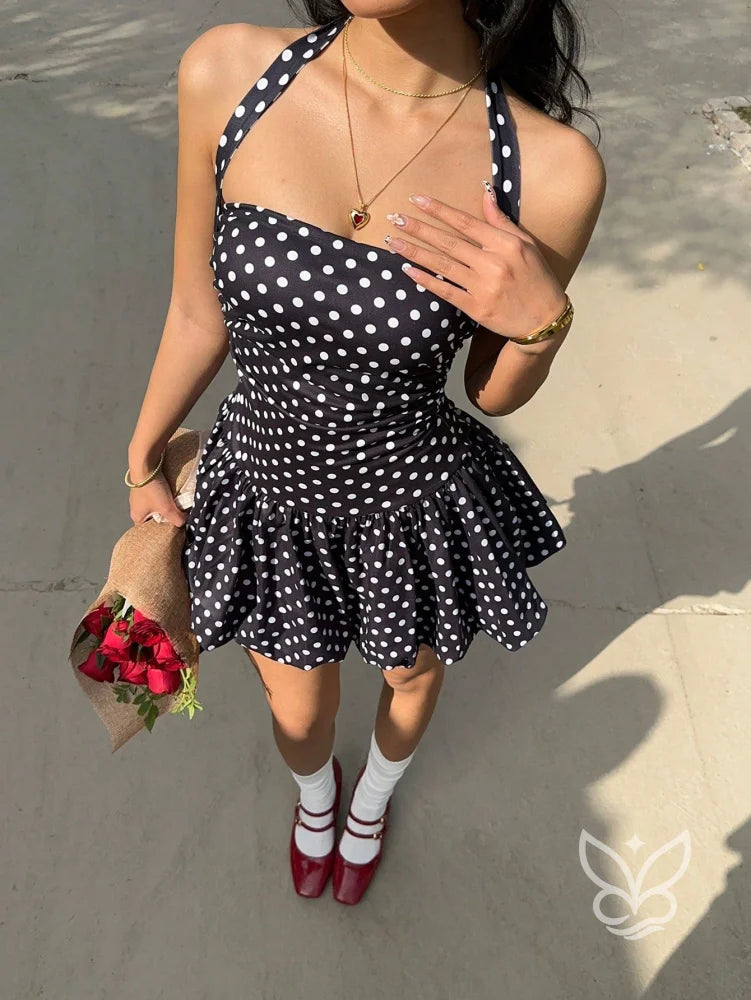 Vestido Curto Halter Com Barra Peplum E Estampa Poá Floral Vestido Curto Halter Com Barra Peplum E Estampa Poá Floral