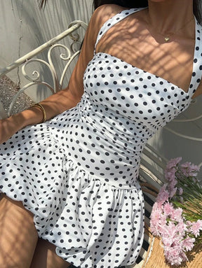 Vestido Curto Halter Com Barra Peplum E Estampa Poá Floral Branco / PP Vestido Curto Halter Com Barra Peplum E Estampa