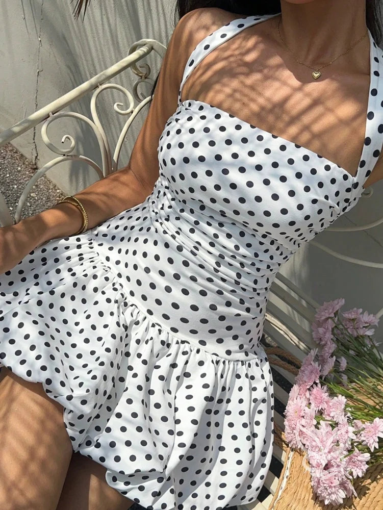 Vestido Curto Halter Com Barra Peplum E Estampa Poá Floral Branco / PP Vestido Curto Halter Com Barra Peplum E Estampa