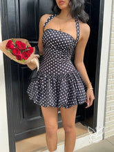 Vestido Curto Halter Com Barra Peplum E Estampa Poá Floral Preto / PP Vestido Curto Halter Com Barra Peplum E Estampa