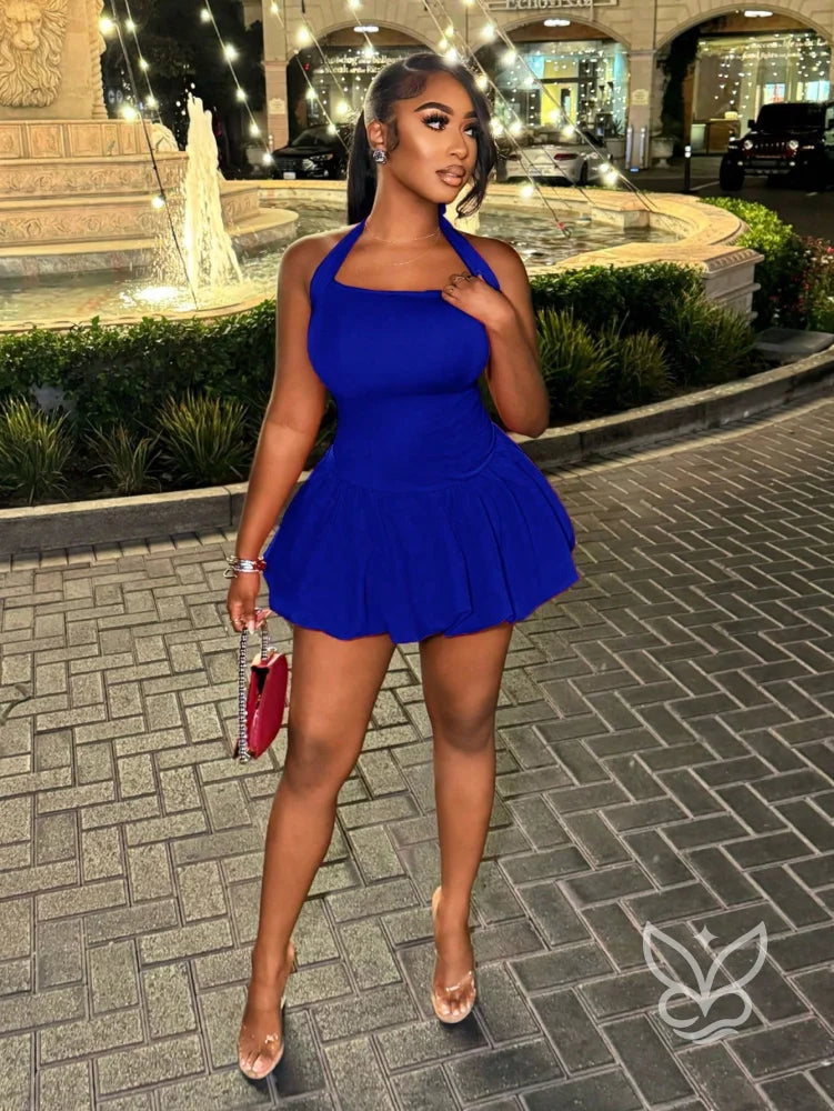 Vestido Curto Halter Com Costas Abertas E Barra Bufante Azul / PP Vestido Curto Halter Com Costas Abertas E Barra